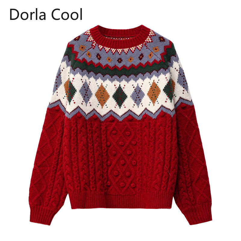 

Female Designer Christmas Sweaters in Floral Mesh Plaid Tops Wide Open Party Pullovers Embroidery Jumpers 3o6h, Red.