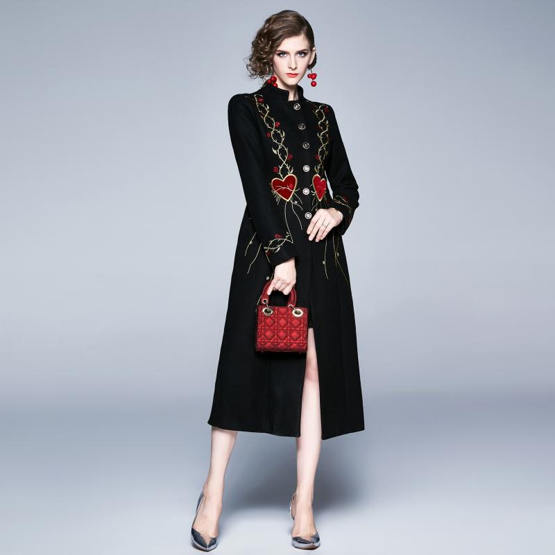 

Women' Retro Embroidery Coat Autumn Office Ladies Slim Fit Woolen Coat 2021 Socialite Female Elegant Luxury Black Long Coats