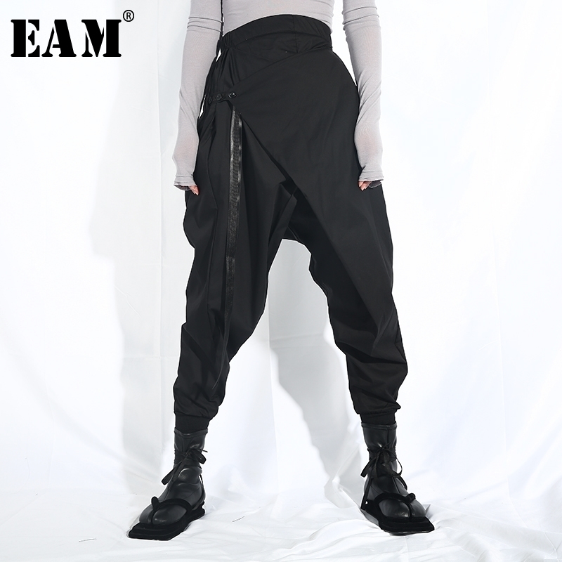 

[EAM] New Spring Autumn High Elastic Waist Loose Black Ribbon Split Joint Harem Pants Women Trousers Fashion Tide LA98 201031