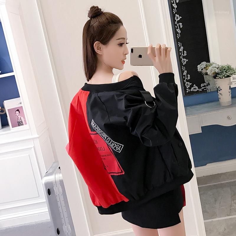 

2019 New jacket women fashion patchwork letter printed female coats outerwear Korean fashion hip hop stand color girl' jackets1, Red and black