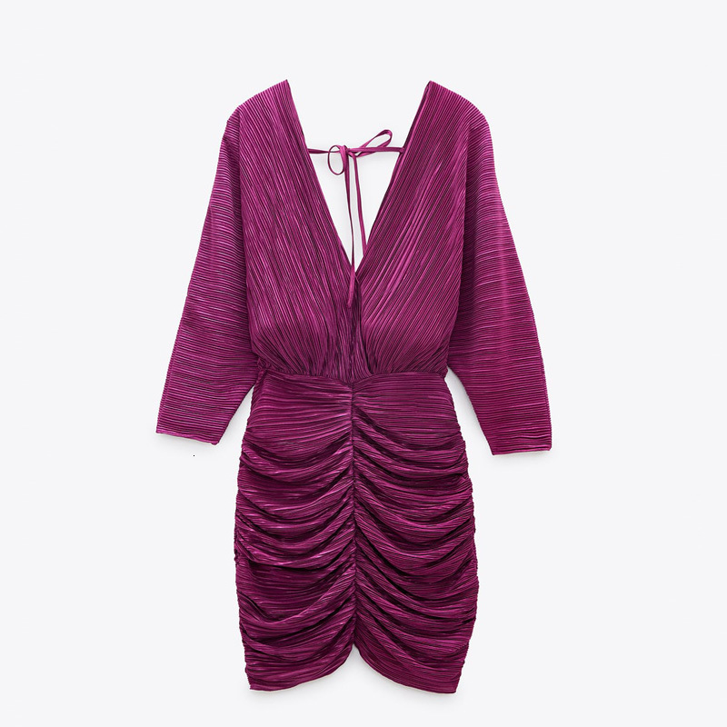 

2021 New Arrival Women Ruched Red Backless Pleated Wrap Short Dress Woman Summer Sexy V-neck Tight Ladies Dresses N6pf