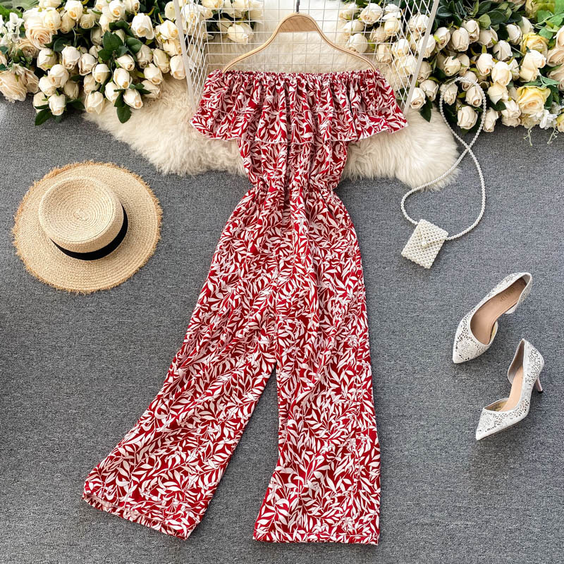 

2021 New Singiny feminine blhemian floral coveralls sweet ruffles slash neck breaks Summer sexy off shoulder long legged overalls FSYV, Powdery leaf