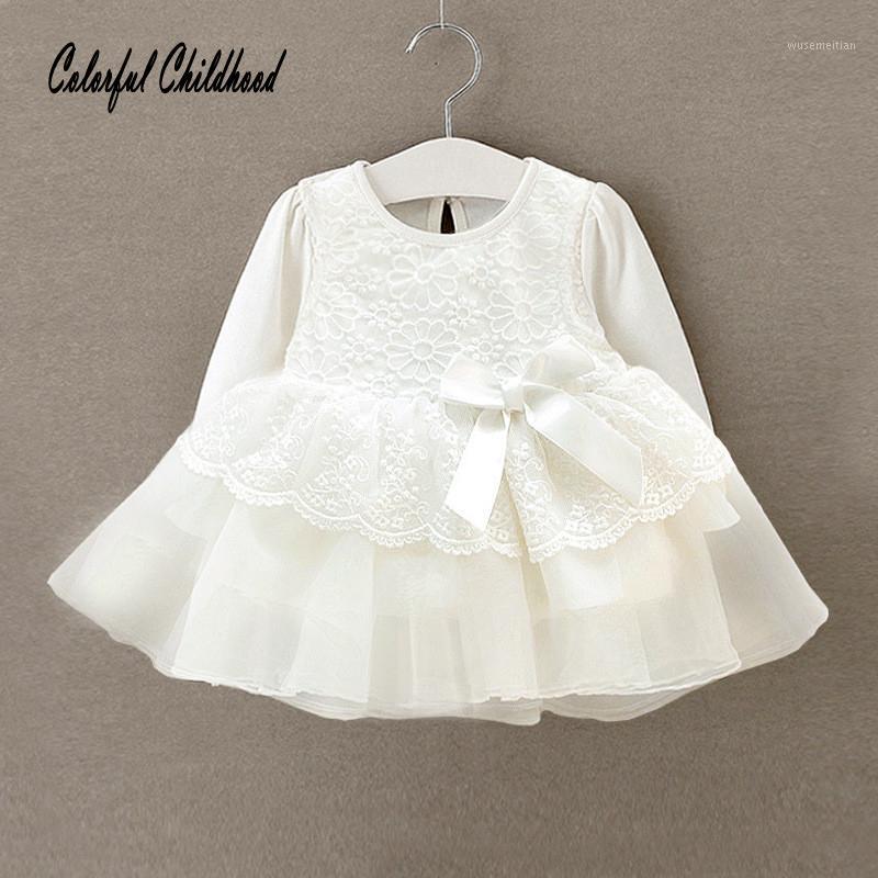

Sweet lace dress baby girl christening dress with bow rose elegant children's clothing long sleeve toddler kids 0 to 12m1, White