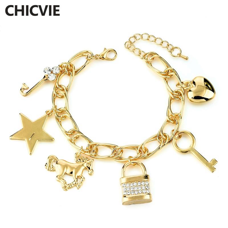 

CHICVIE Ethnic Gift Gold Color Color Love Satr Key Charm Bracelet & Bangle Crystal Bracelets For Women Jewelry SBR160339