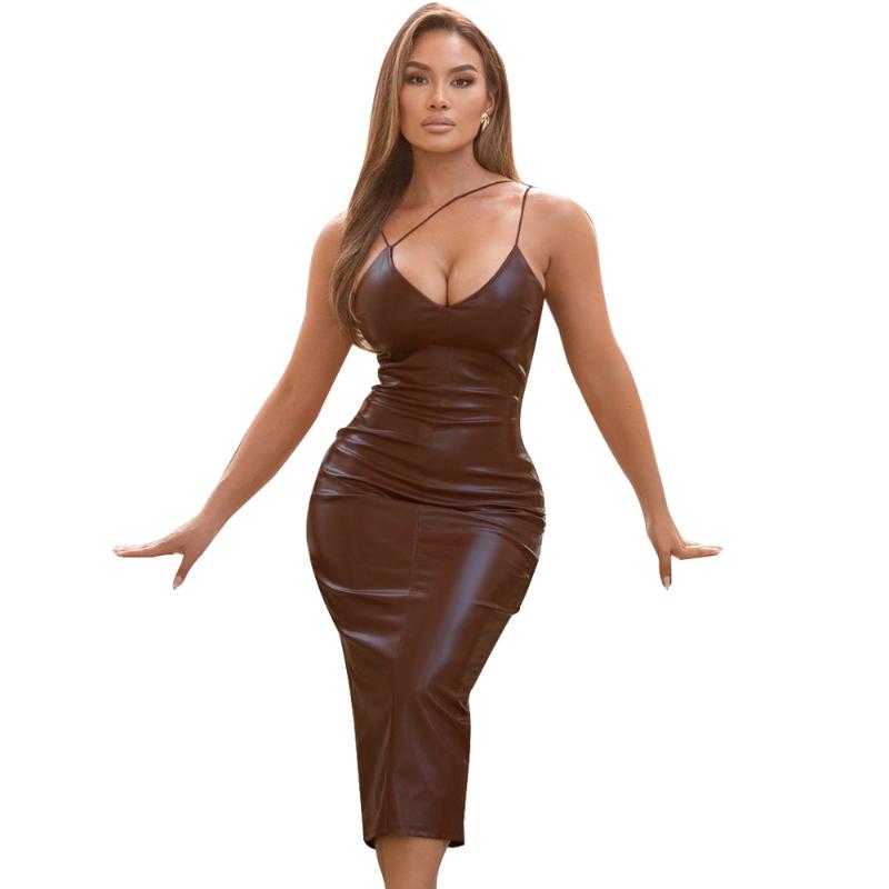 

Latex Dress Women PVC Suspenders Halter Tight And Calf Belly Patent Leather Fashion Back Split Sexy Dresses Prom Party Wear, Black