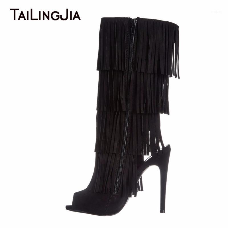 

Fashion Peep Toe Summer Boots Woman Black Supper High Heel Long Boots Stilettos Ladies Shoes With Zipper Fringe Sexy Woman Shoes1