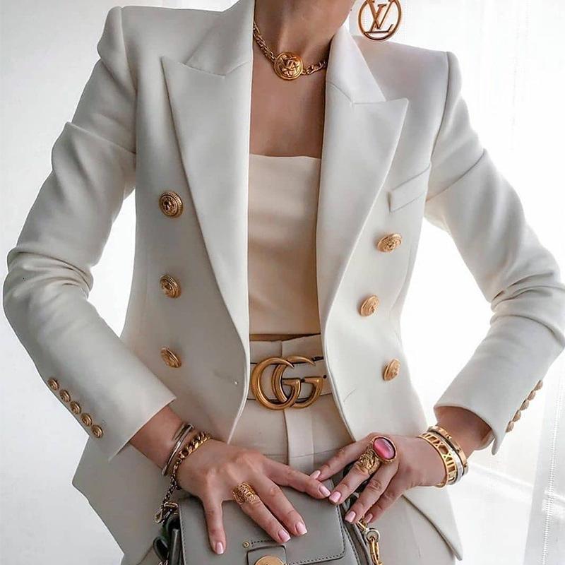 

2021 New Ladies Autumn Notched Collar Women's Work Suit Button Coat Office Formal Blazers Female Fashion Blazer Jacket Eiga, White