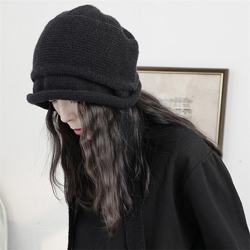 

Johnature 2021 New Yamamoto Hip-hop Thick Bandage Wool Knitting Hat Japanese All Match Black Women Hats