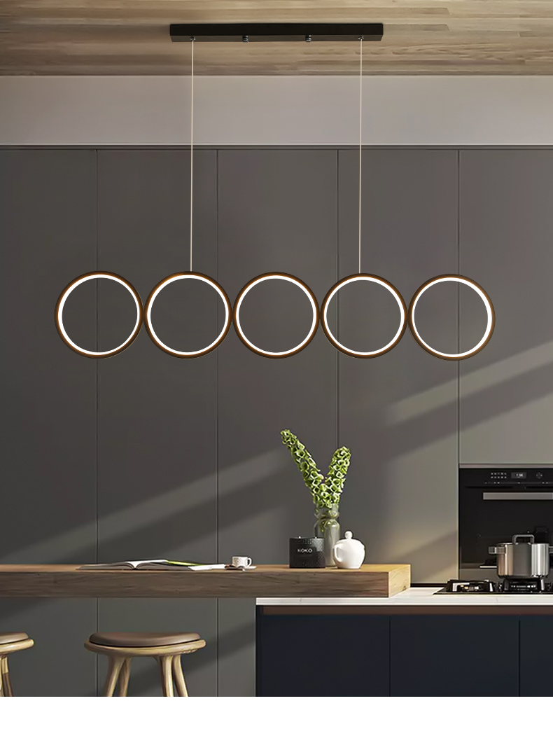 

Dining Room LED Chandelier Round Rings Coffee Shop Bar Modern Nordic Simple Hanging Light Restaurant Long Black Art Pendant Lamp