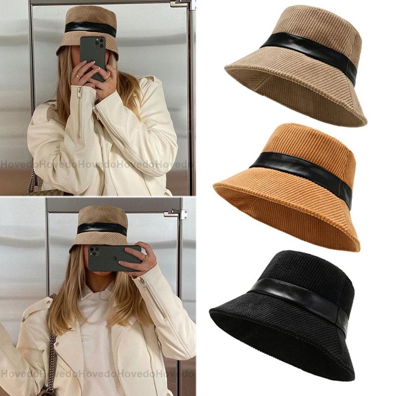 

2020 New Corduroy Bucket Hats Women Winter Warm Hat Folding Travel Sun Cap Big Wide Visor Vintage Flat Hat Fashion Accessories