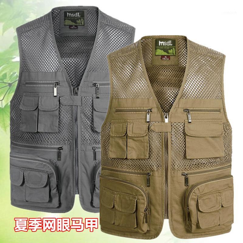 

New Style Summer Men Waistcoat Daddy Clothes Multi-pockets Fishing Photography Waistcoat Large Size Breathable Mesh Vest Vest1, Bean blue green 05
