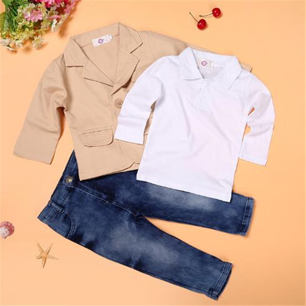 

Spring Autumn Boys 3pcs Suit Gentleman Suit T-shirt Jackets Jeans Baby Boys Clothes For Kids Designer Childrens Clothing Set, As picture