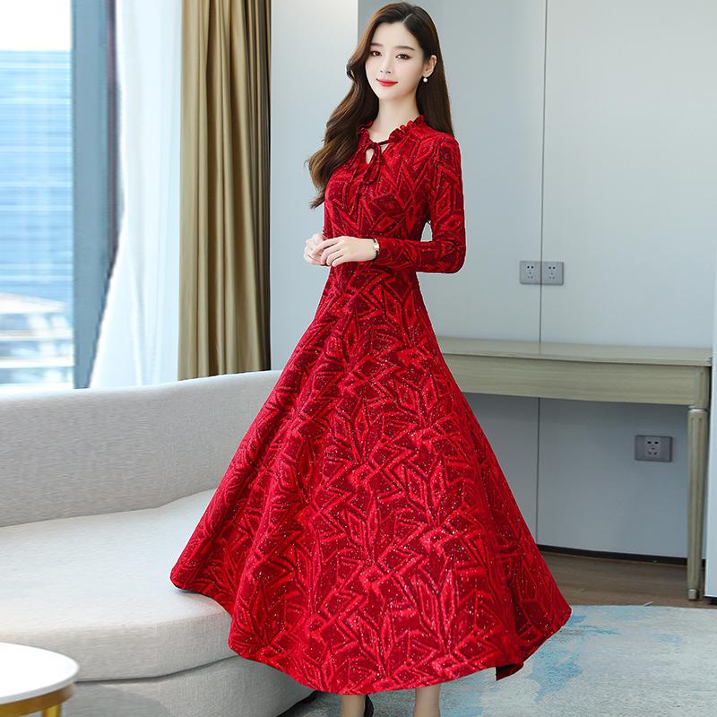 

Elegant Dresses Jacquard Slim Popular Maxi Dress Autumn Winter Women Clothing Red Purple Green Blue