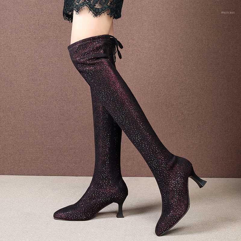 

Rimocy Women Fashion Glitter High Heels Long Boots Sexy Pointed Toe Elastic Slim Over The Knee Boots Flock Lace Up Botas Mujer1, Wine red