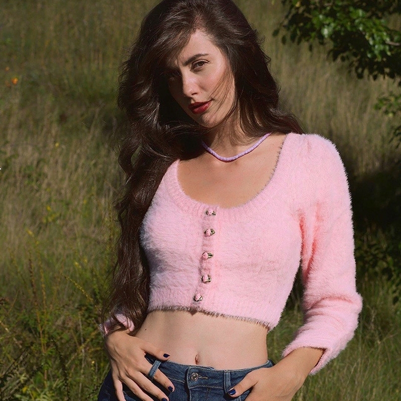 

Sweet Pink Sweaters Sexy Thin Women Cut Cardigan Fuzzy Around the Neck Apply Cover Buttons Forlove Autumn Women's Clothes Tops JO22 47EF