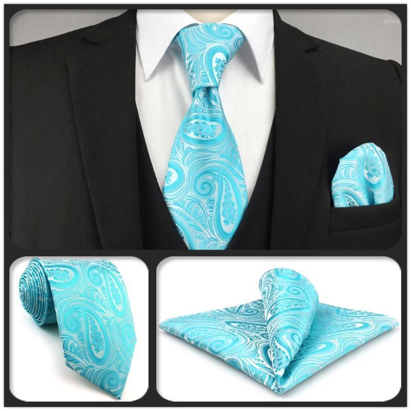 

E34 Light Blue Paisley Silk Men's Necktie Set Turquoise Wedding Fashion Ties for male Classic Brand New Hanky Extra long size1