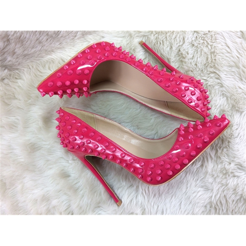 

Ladies Sexy Metal Studs Rivets Finger-pumps Pointed Leather Envernized Women Celebrity High Heeled Shoes Lower Court Female of the 1keo, Pink 10 cm