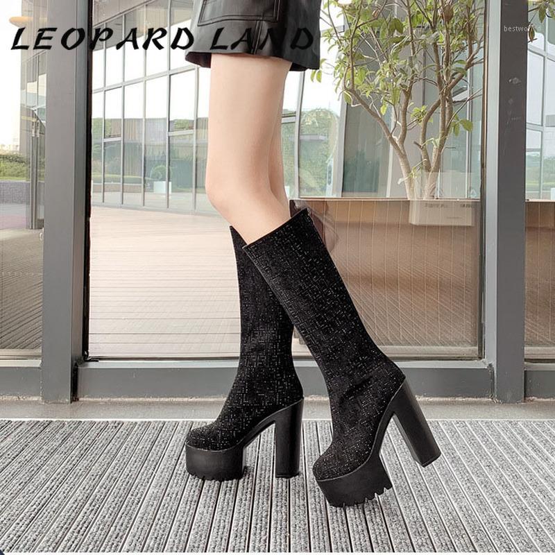 

LEOPARD LAND 2020 New All-Water Diamond Stage Nightclub Performance Rough Heeled High Heeled Boots High Boots -2323-101, Black
