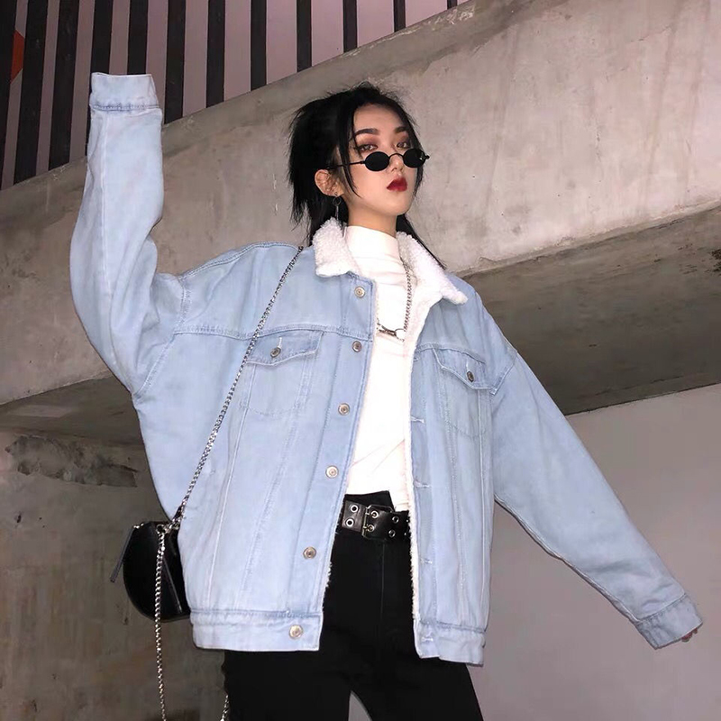 

Classic denim thick fur turn-down female jacket early jean lamb wool coat 2020 streetwear women's winter clothing, Dark blue