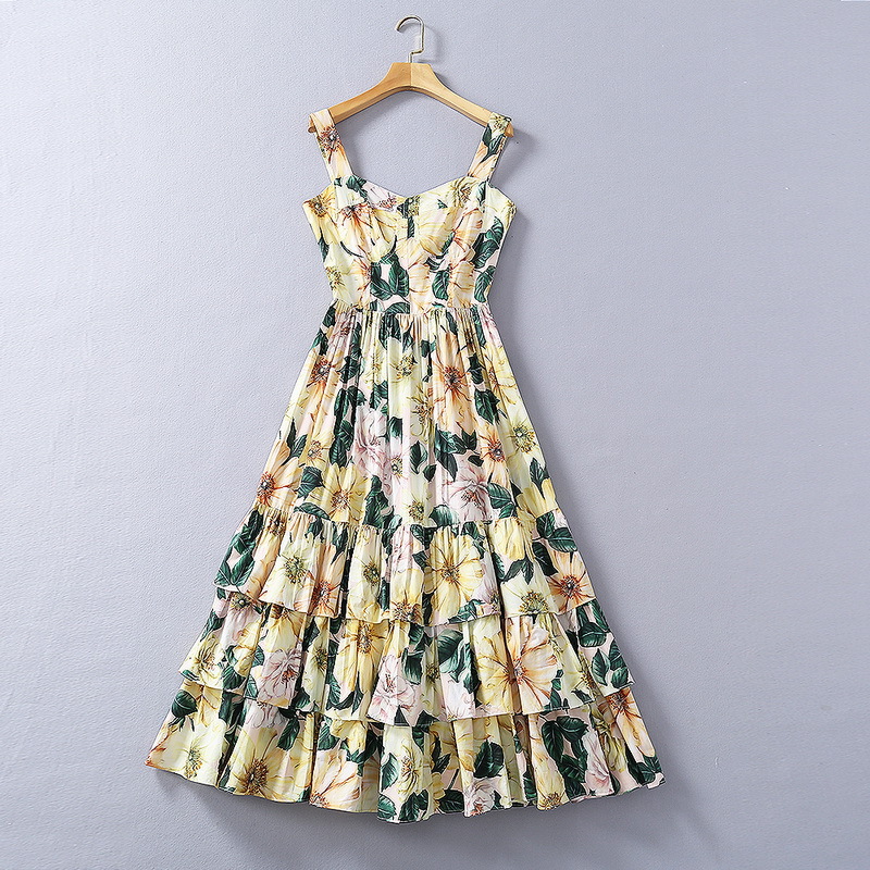 

European and American women' clothing 2021 New Style for Spring Condole belt Floral print Fashion cake dress, Yellow
