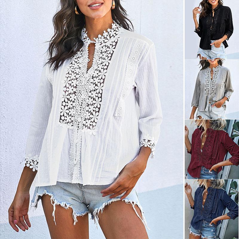 

Women' Tops Fashion Shirts Women Loose V-neck Lace Solid Color Floral Tops, Black