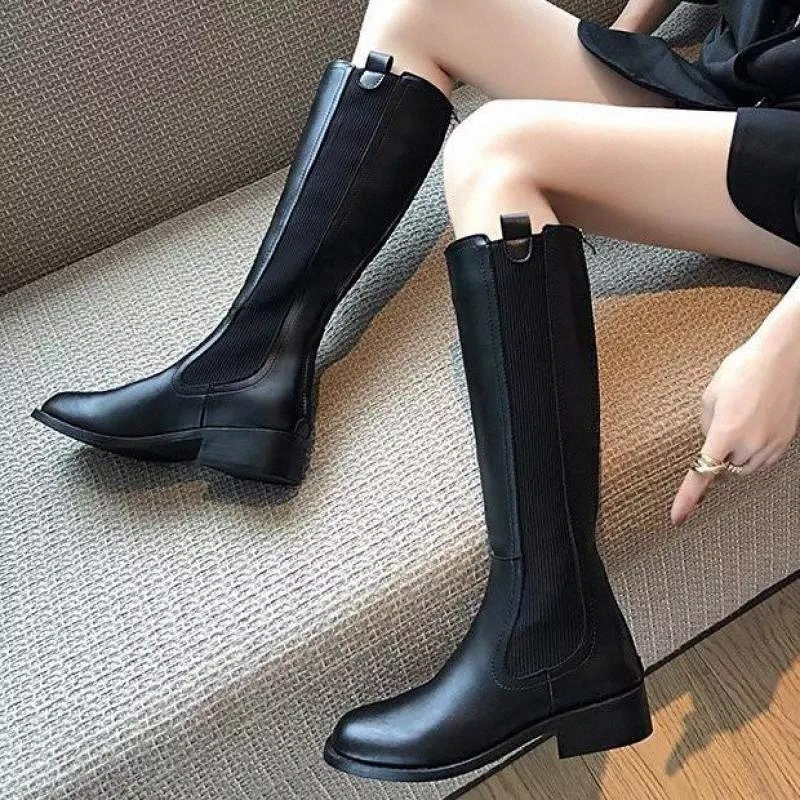

new Boots Women High Quality Pu Leather Riding Equestrian Zip Sexy Shoes Waterproof Shoes Botas Mujer Knee-high Square Heel #Oe9E, Black