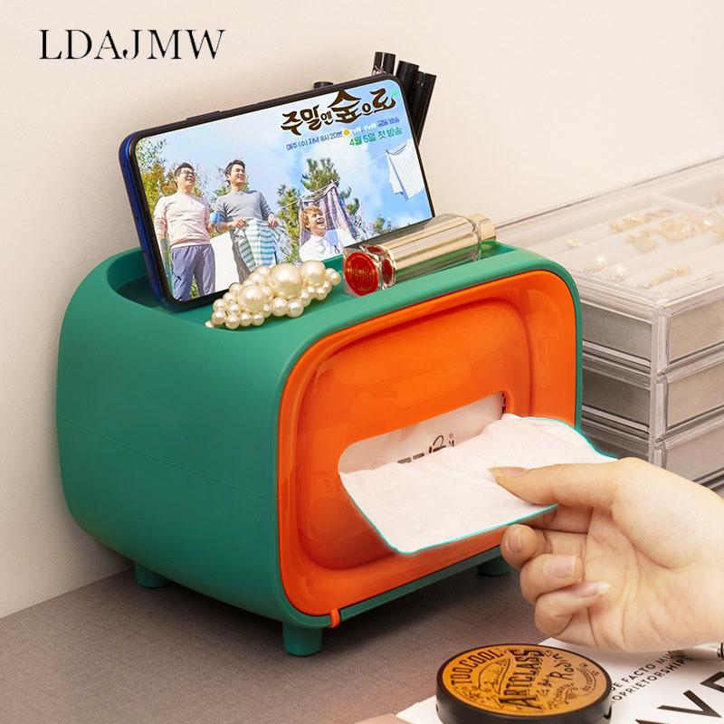 

Office Desktop Multifunctional Simple Plastic Creative Storage Tissue Box Cute Girl Wind Mobile Phone Holder Retro Small TV