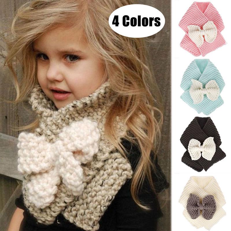 

Scarves 2021 Knited Cute Baby Scarf Winter Warm Solid Color Bow-Knot Plush Neckerchief Outdoor Neck Warming Boys Girls