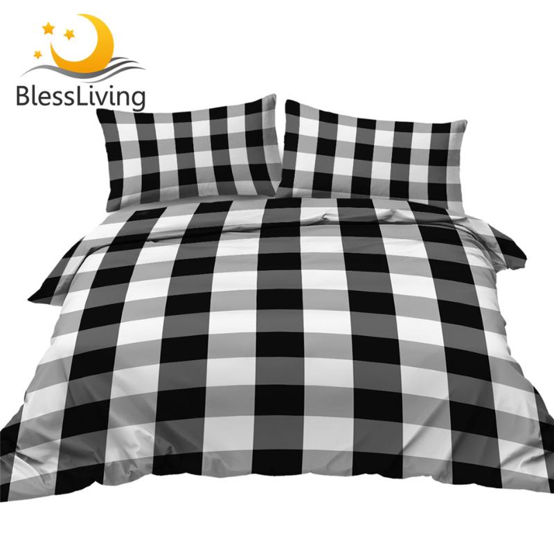 

BlessLiving Tartan Duvet Cover Set Scottish Pattern Bed Cover Chequered Bedding Set Black White Bedspreads 3pcs King Drop Ship