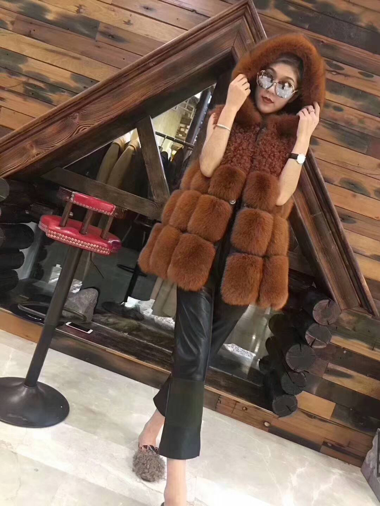 

Royal Women All Skin Fox Leather with Hoodie Winter Jacket Female Hair Lamb a Korean Version Vest Mdtn, Green length 70