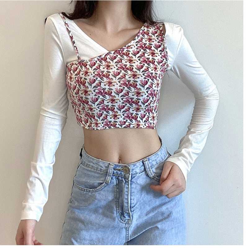 

Women' winter fashion print fitness top solid color flower Yoga long sleeve base coat fake two piece running suit women, White