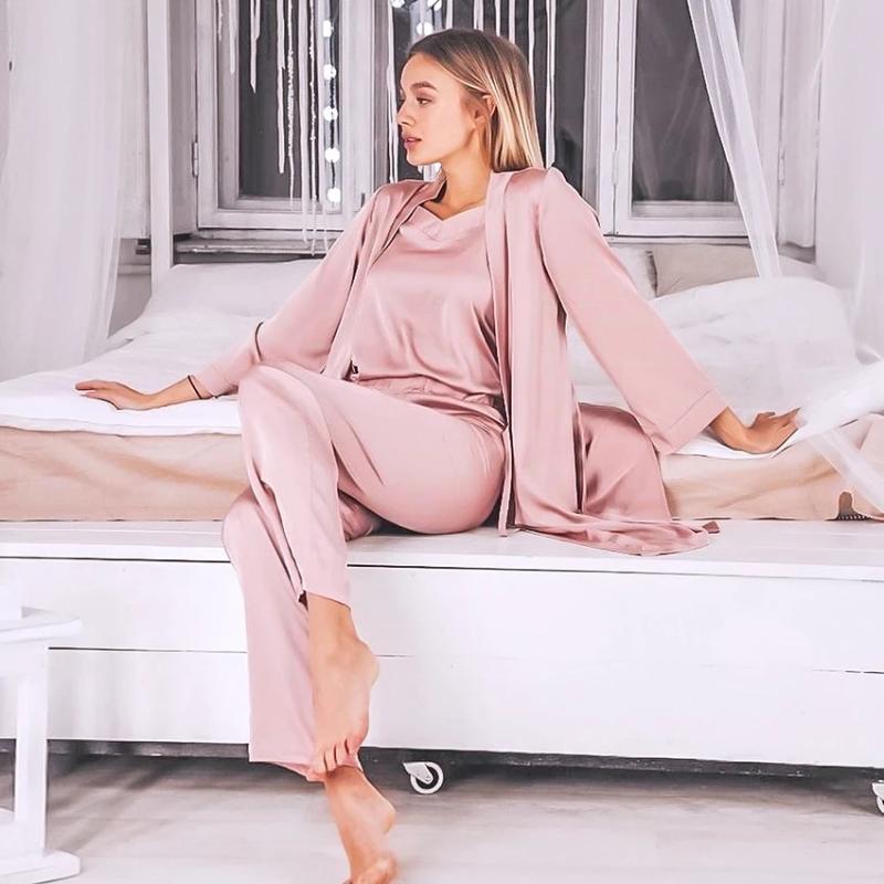 

Pink Satin Women Robe Sets Winter 3 Piece Set Silk Sleepwear Kimono Pajamas With Pants Sashes Long Sleeve Suit Sets Home Wear