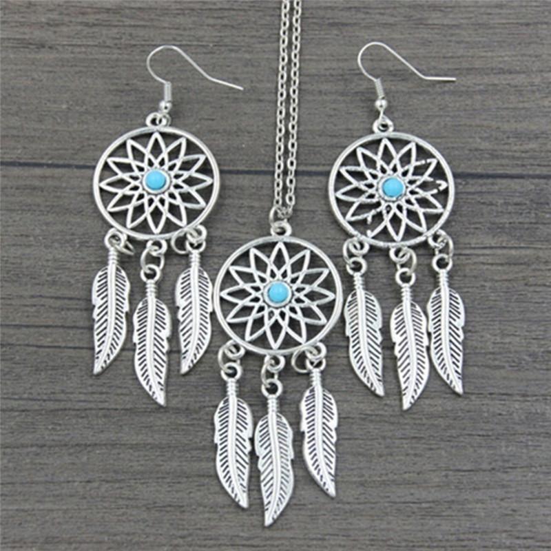 

1Set Bohemian Dreamcatcher Leaves Feather Pendant Necklace Earrings Jewelry Set, As pic