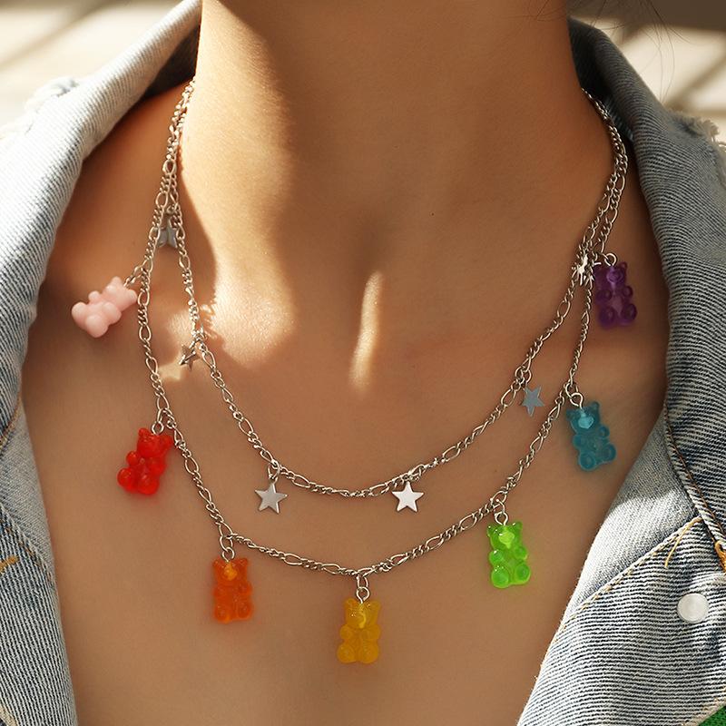 

Disco Cool Girls Necklaces For Women Fashion Alloy Jelly Colorful 7 Colors Bear Stars Pendant Necklace Jewelry Party Jewlery
