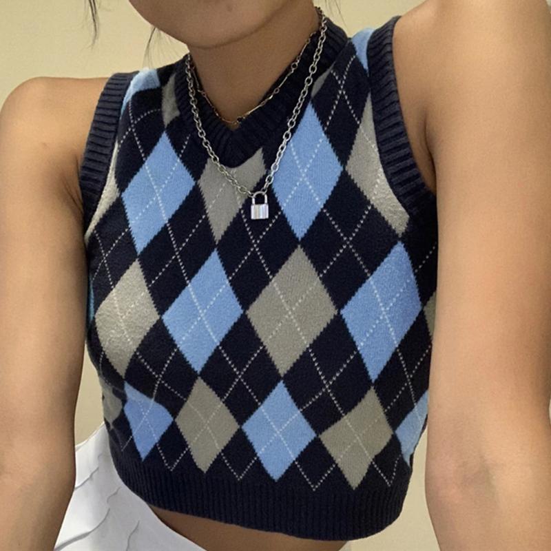 

2020 V Neck Vintage Argyle Sweater Vest Women Black Sleeveless Plaid Knitted Crop Sweaters Casual Autumn Preppy Style, Blue