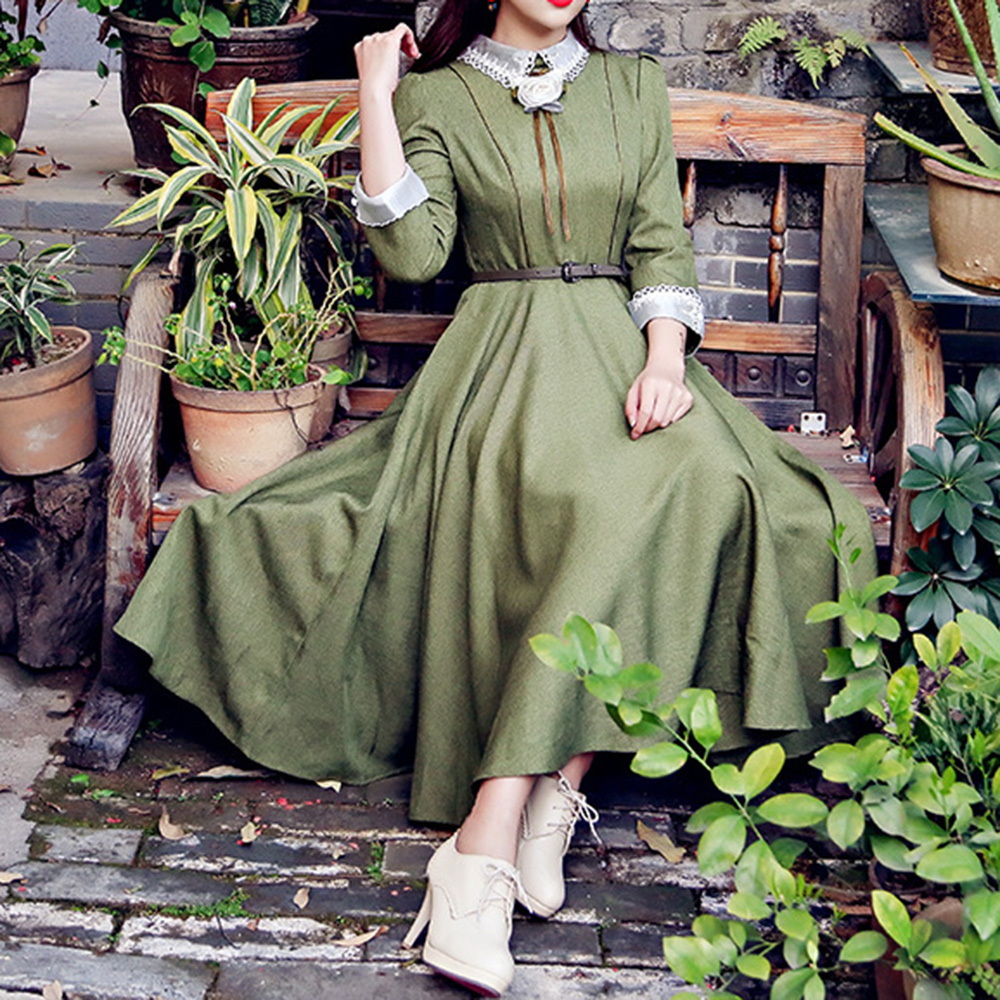 

2021 Retro-style Ladies'dresses Spring Fall Fashion Stylish Temperament Best Sold School Doll Wear Long Sleeve Belt Big Skirt Wnxs, Army green.
