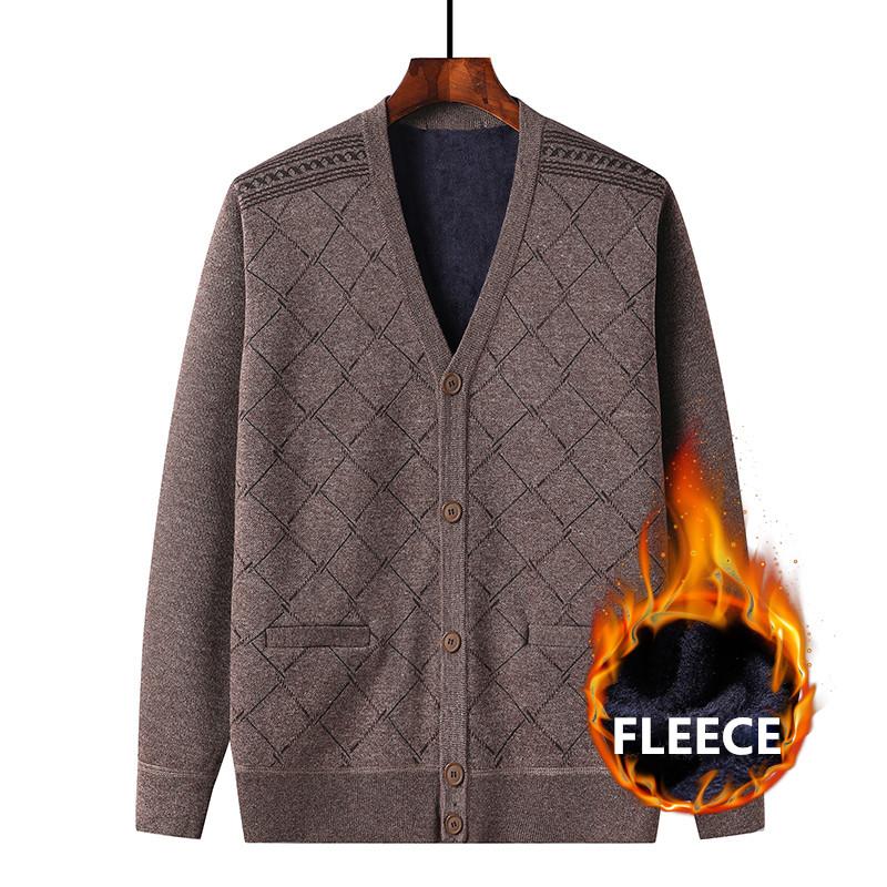 

BAIDAFEI 2020 Winter Warm Fleece Computer Knitted Mens Cardigan Khaki Gray Middle-aged Full-sleeved Knitted Sweater Men 2XL 3XL