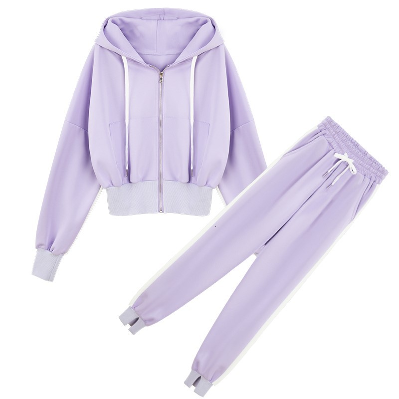 

2021 New Esporte Causal Conjunto Feminino Lazer Terno Com Capuz Jaqueta Moletom Calas Roxo Rosa Preto 5008, Black