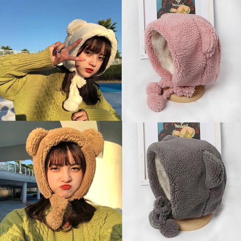 

Women Thicken Plush Warm Earflap Hat Bear Ears Windproof Beanie Cap Chin Strap, Pink