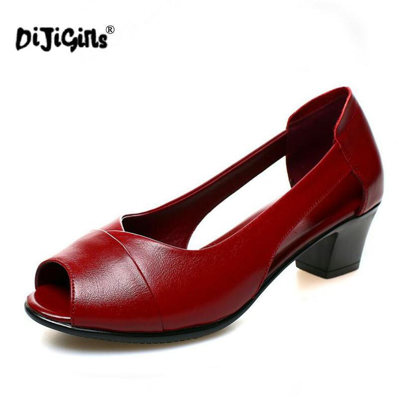 

Summer Genuine Leather Comfortable Ladies Mid Heel Sandals Women Shoes Hollow Peep Toe Square Heel Sandals Woman Drop Ship, Black