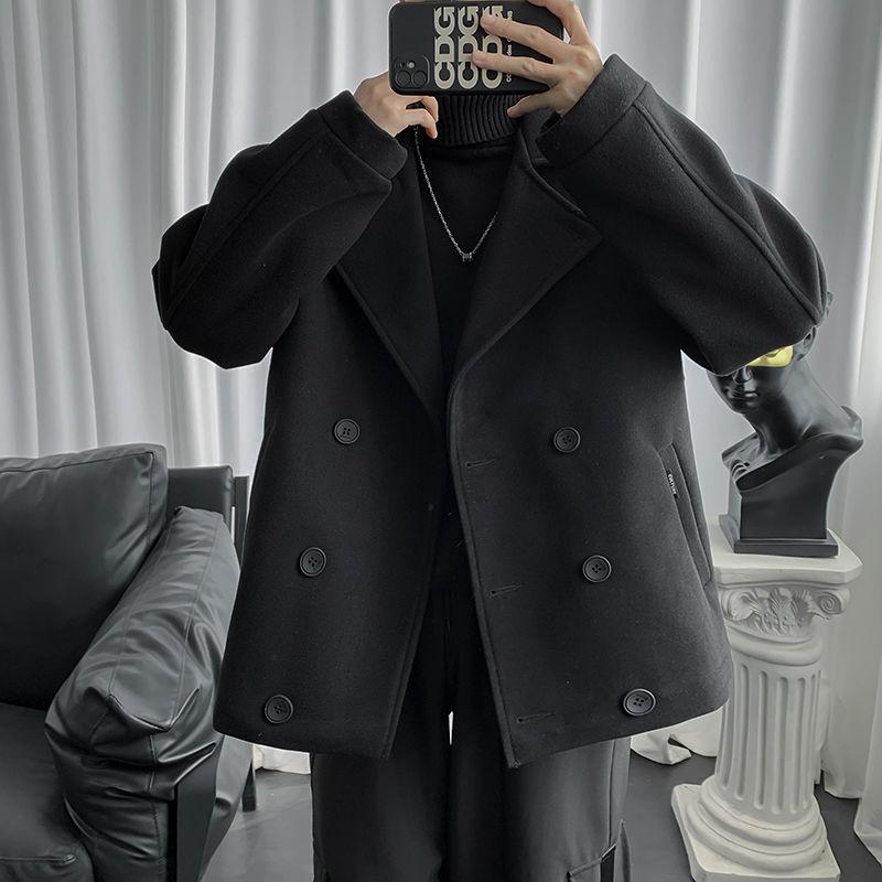 

Korean Style Short Woolen Coat Men's Fashion Retro Double-breasted Woolen Coat Men British Style Mens Overcoat -2XL, Black