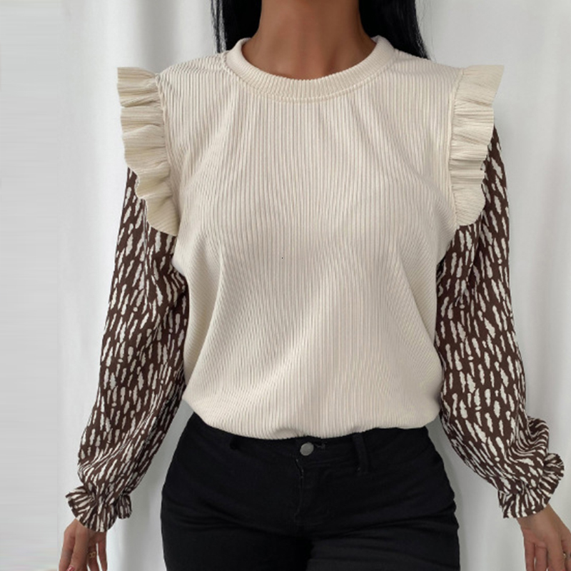 

2021 New Autumn Ruffle Patchwork Women Casual Print Long Sleeve Pullovers Tops Female o Neck Office Ladies Bottoming Shirt Dylj, White