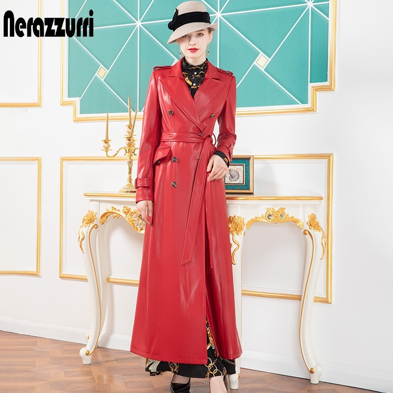 

Nerazzurri Red long leather trench coat for women long sleeve sashes lapel Maxi soft rain coat women British style leather coats 210201