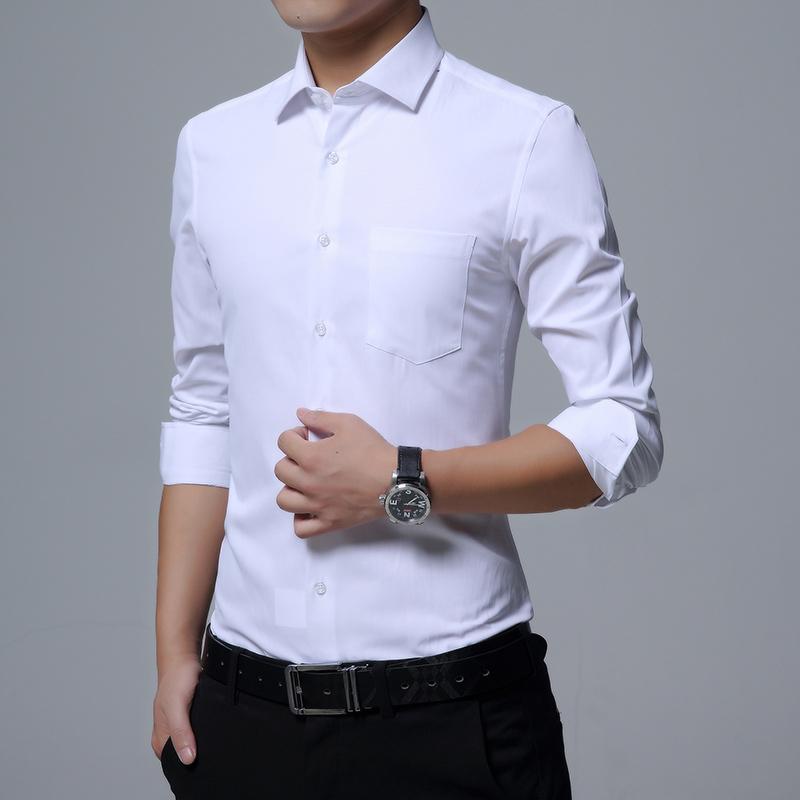 

White Black Blue Business Dress Shirt Men Fashion Long Sleeve Shirts Mens Working Office Wear Shirt, Navy blue