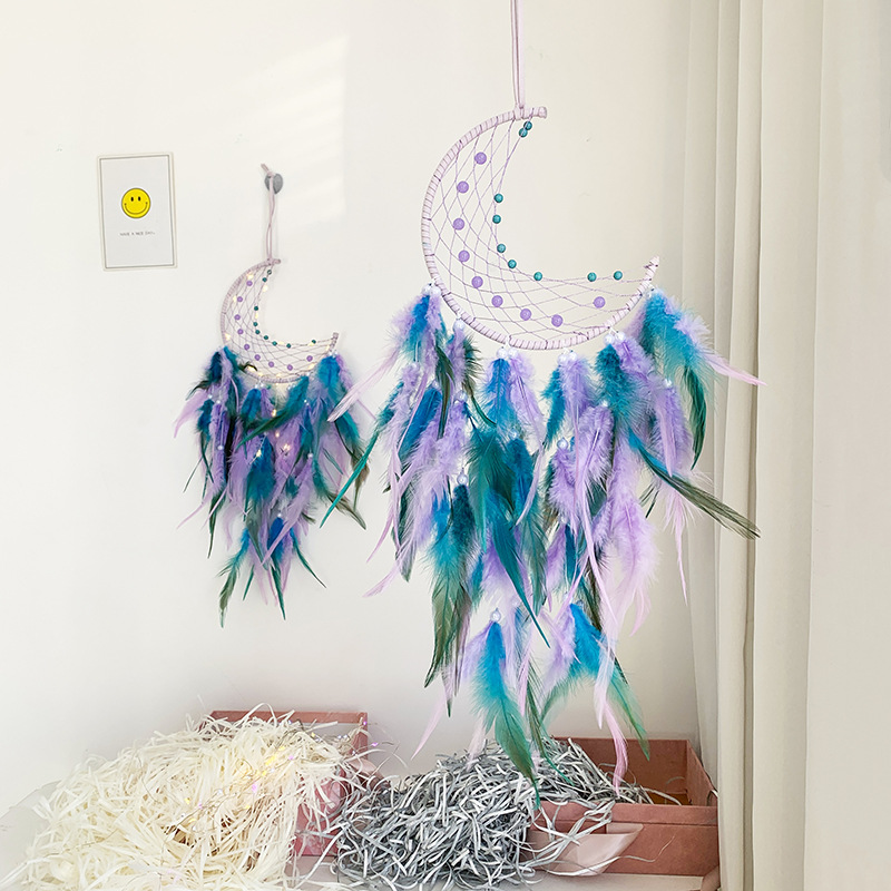 

Moon Dream Catcher Handmade Decorative Objects Colorful Feather Pendant Beads Wall Hanging Ornament for Kids Bedroom Home Decoration Art Craft Gift 1223399