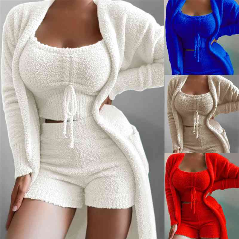 

Women Tracksuit Sets Three Piece Sexy Fluffy Outfits Plush Velvet Hooded Cardigan Crop Top Casual Sports Sweatshirt Woman Dress, Black;gray