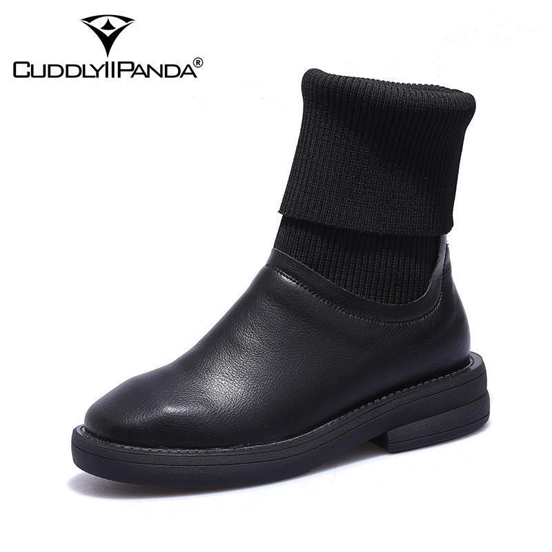 

CuddlyIIPanda Women Fashion Ankle Snow Boots Genuine Leather Sock Boots Autumn Winter Warm Short Woman Casual Shoes1, Black