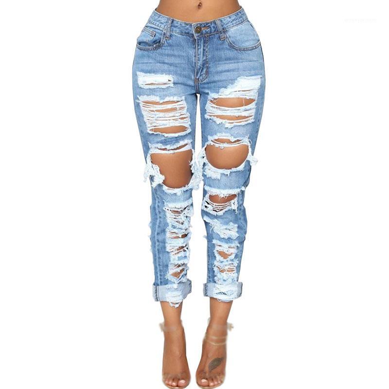 

Women' special distressed destroyed washed holes trendy cowboy pants ripped tassel holes sexy jeans1, Blue