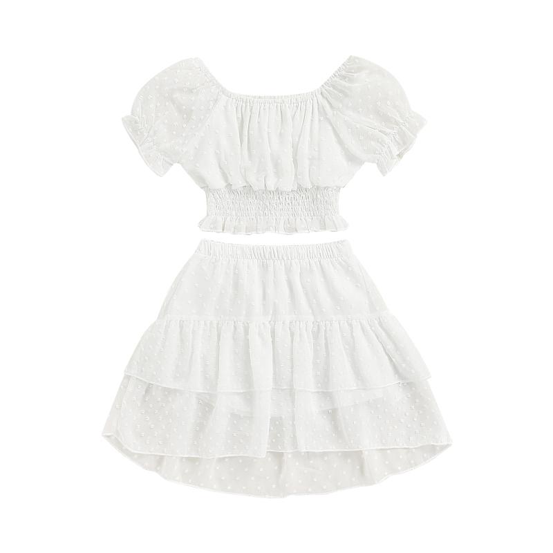 

Clothing Sets Toddler Baby Girls Two Piece Cotton Summer Casual Set Fashion Solid Color Chiffon Short Sleeve Tops And Skirts, White