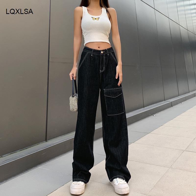 

Weekeep Black Streetwear Vintage Jeans Women High Waisted Cargo Pant Long Trousers Loose Straight Denim Trousers Punk Autumn New